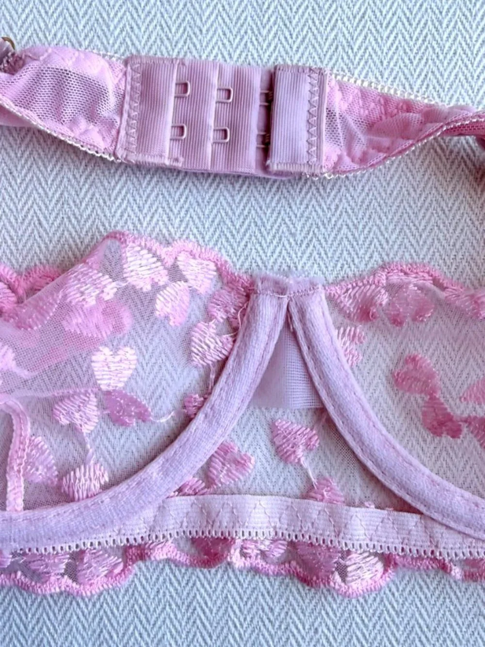 Bed of Roses Pink Heart Embroidered Mesh Lingerie Set Bra Thong Size S NWT